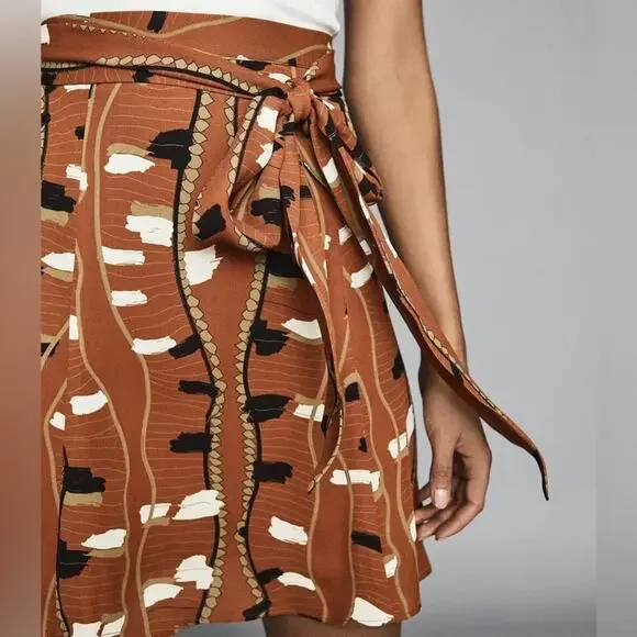 REISS Abigail Tie-Waist Rust Brown Abstract Print A-Line Skirt Tan Womens Size 0 - Picture 5 of 11